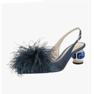 FSJ Navy Fur Fur Square Toe Slingback Pumps Crystal Block Low Heel Fuzzy Shoes